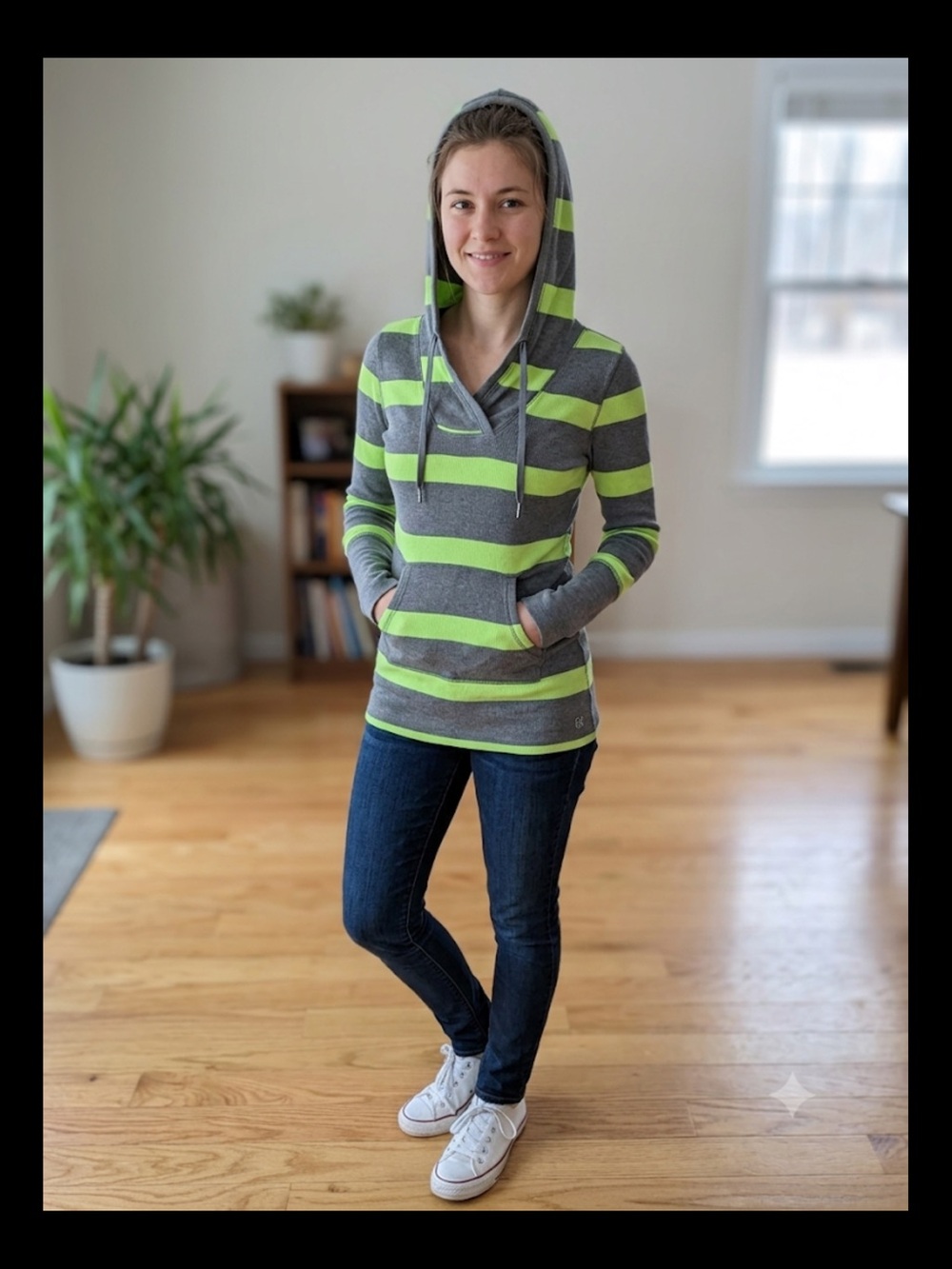 Calvin Klein Gray Lime Striped Hooded Long Sleeve Tee waffle thermal NWOT medium